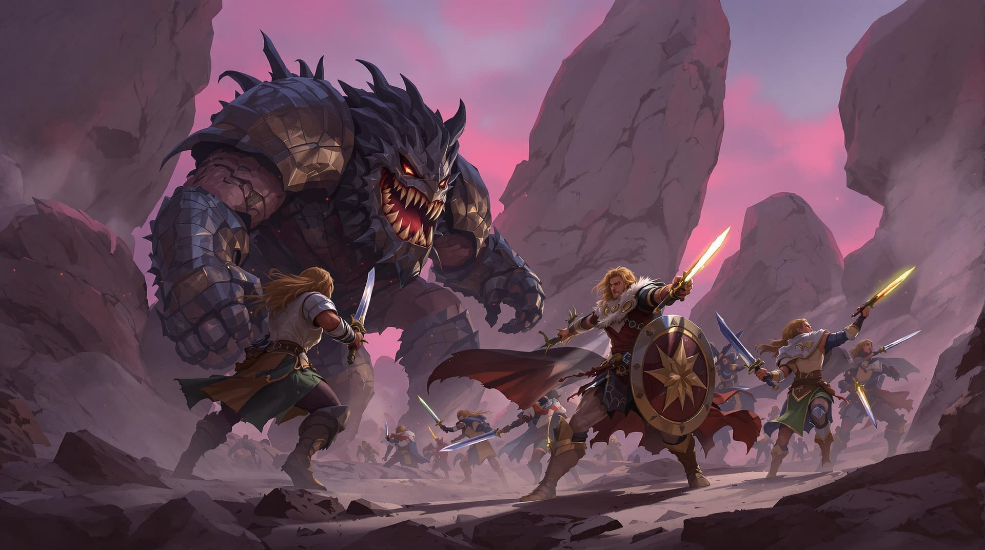 AI generated: a battle scene, showcasing a group of warriors engaged in combat against a formidable foe. The warri...
