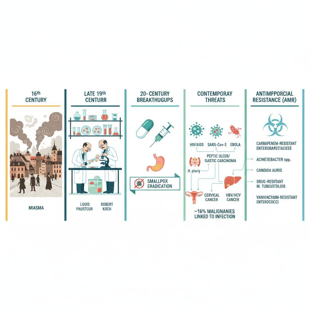 AI generated:  Infographic timeline illustration of the evolution of infectious diseases: left shows 16th‑century ...