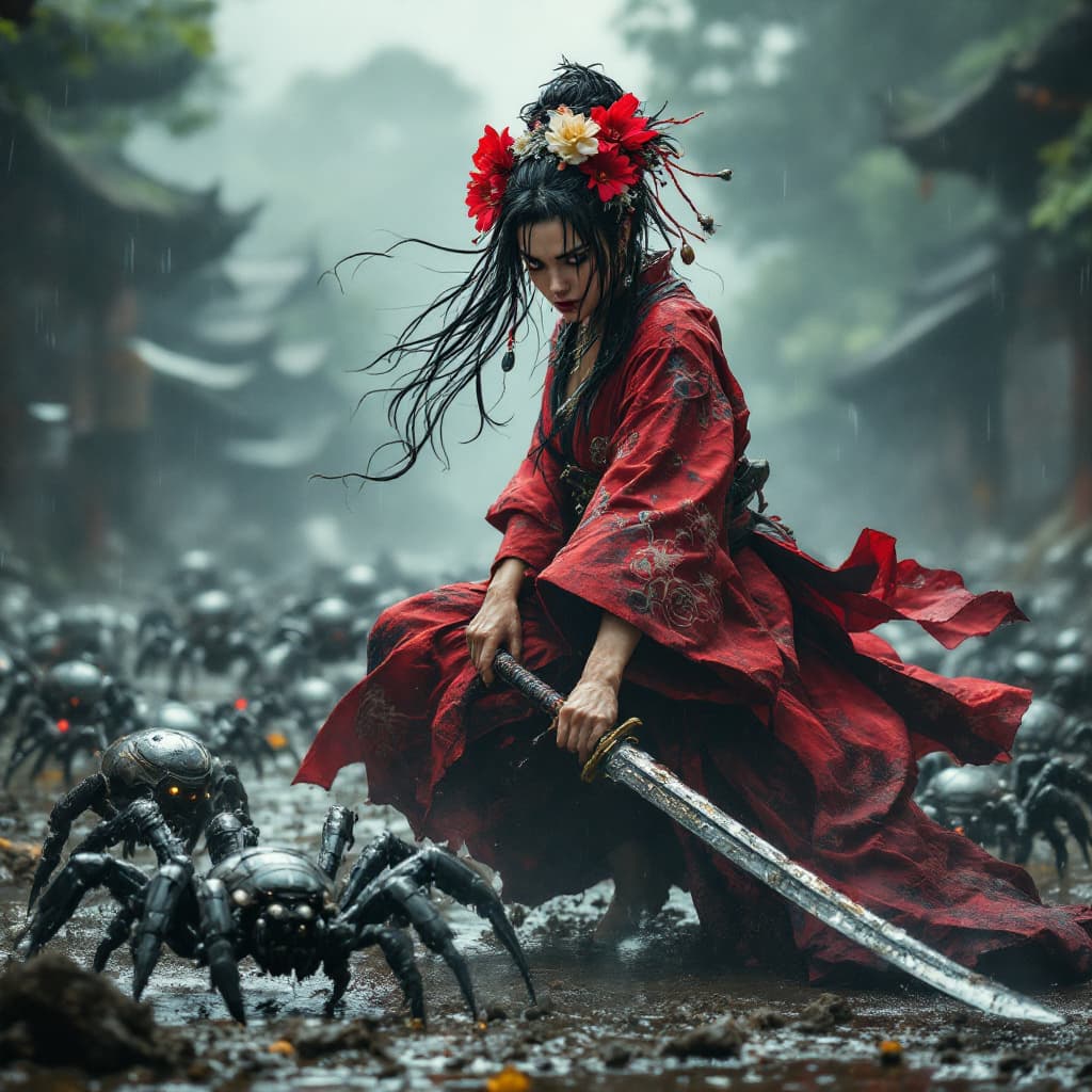 AI generated: Full body view of a fierce samurai woman of Japanese descent in a flowing red and black kimono, her ...