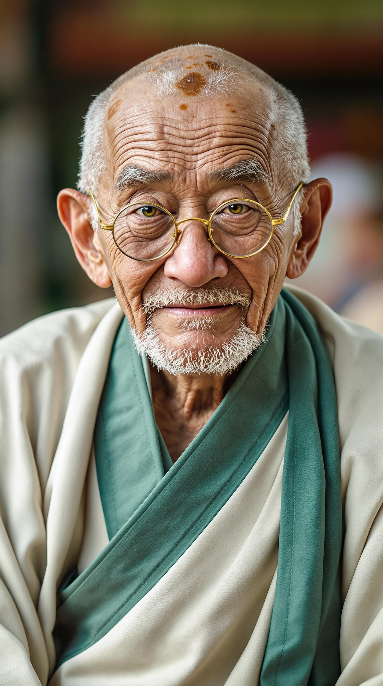 AI generated: Ancient Chinese sage well over 100 years old; wearing simple cream-colored monk robes with jade-gree...