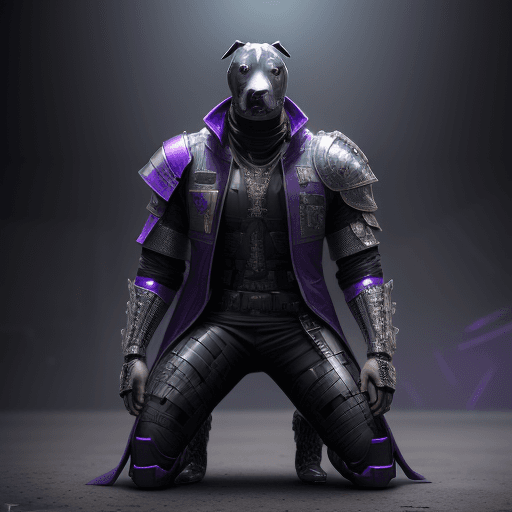 AI generated: kneeling dog pitbull knight,hyperrealistic futuristic soldier dog wearing cyberpunk thanos jacket pu...
