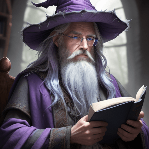AI generated: award winning waist up photo of a rugged fantasy wizard, 8K, violet wizard, hat, wearing torn wizard...