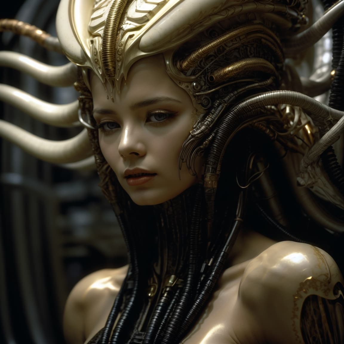 AI generated: HR giger's Alien Queen from the movie Alien, very scary, intense,