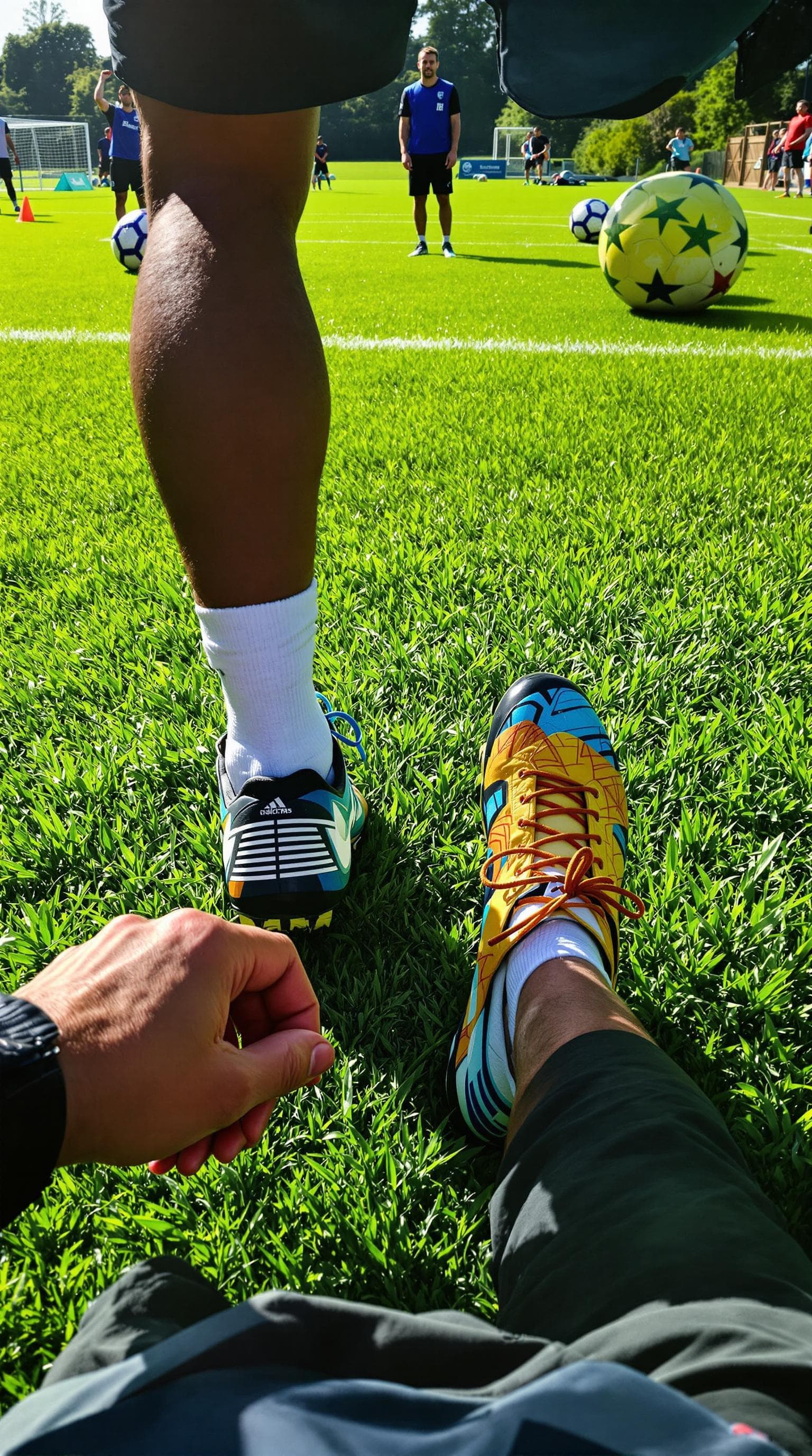 AI generated: "A first-person perspective of a professional footballer stepping onto the lush green training pitch...