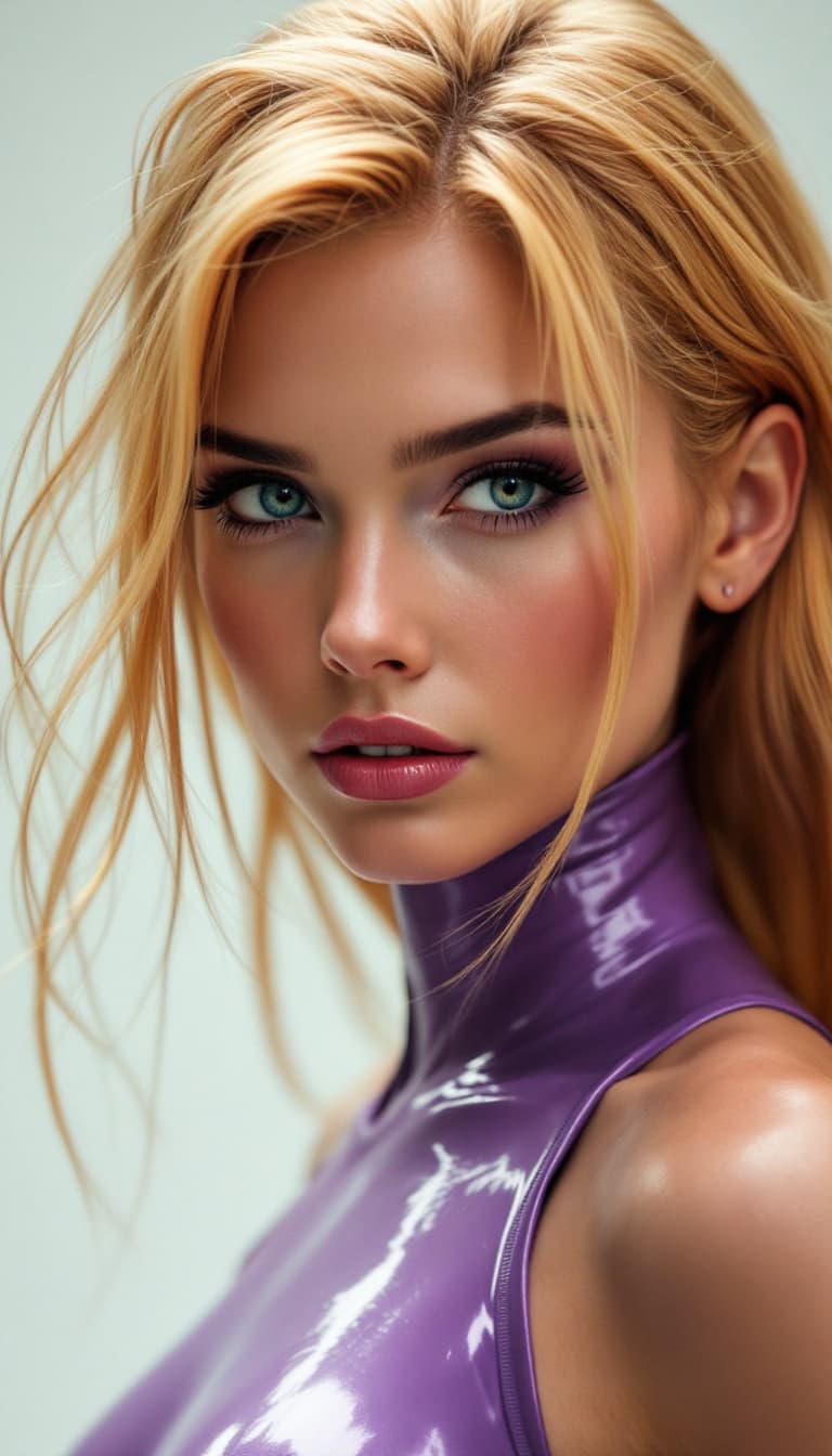 AI generated: Faça Samus Aran loira com cabelos longos, seios enormes e com um traje de spandex lilac