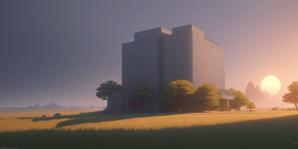 AI generated: a serene landscape with a singular building at sunrise, pixar style, octane render, unreal engine 5,...