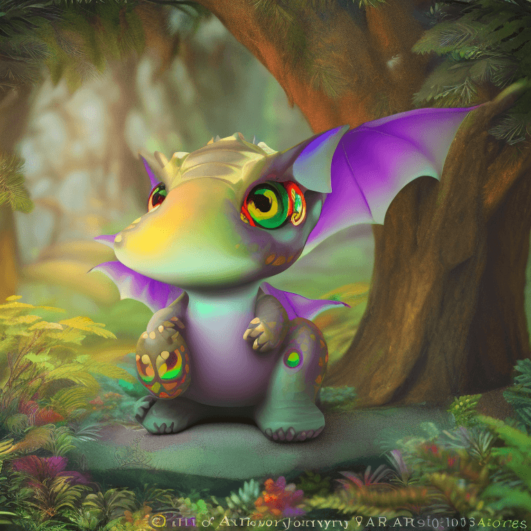 AI generated: (((cute))) Chibi big-eyed Dragon sitting in lush forest, full character concept, iridescent rainbow ...
