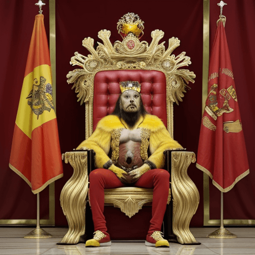 AI generated: A Lion man king sitting on a throne with a red wolf on the left and a yellow wolf on the right nearb...