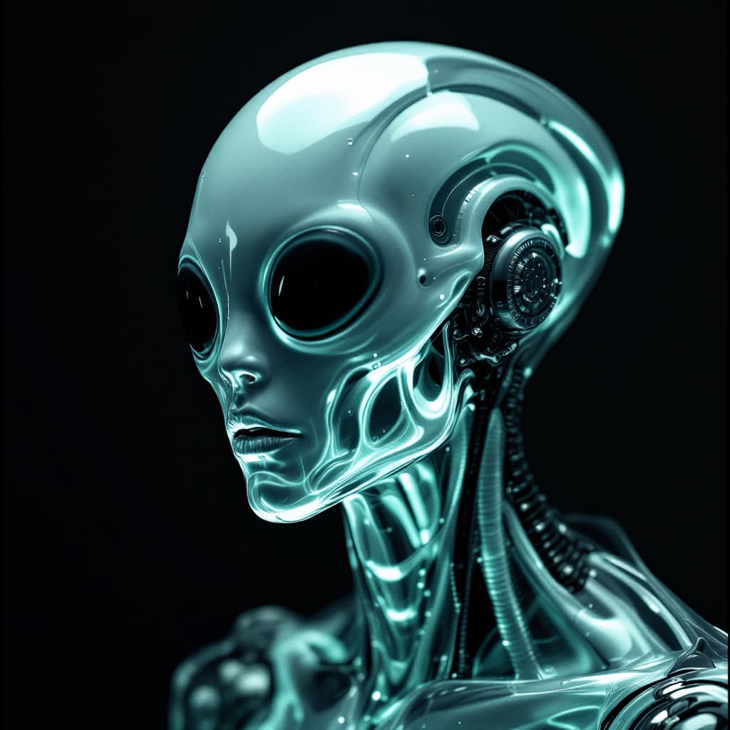 AI generated: generate a unique and perfect image, Futuristic, translucent silicone skin alien, full body, zoom ou...
