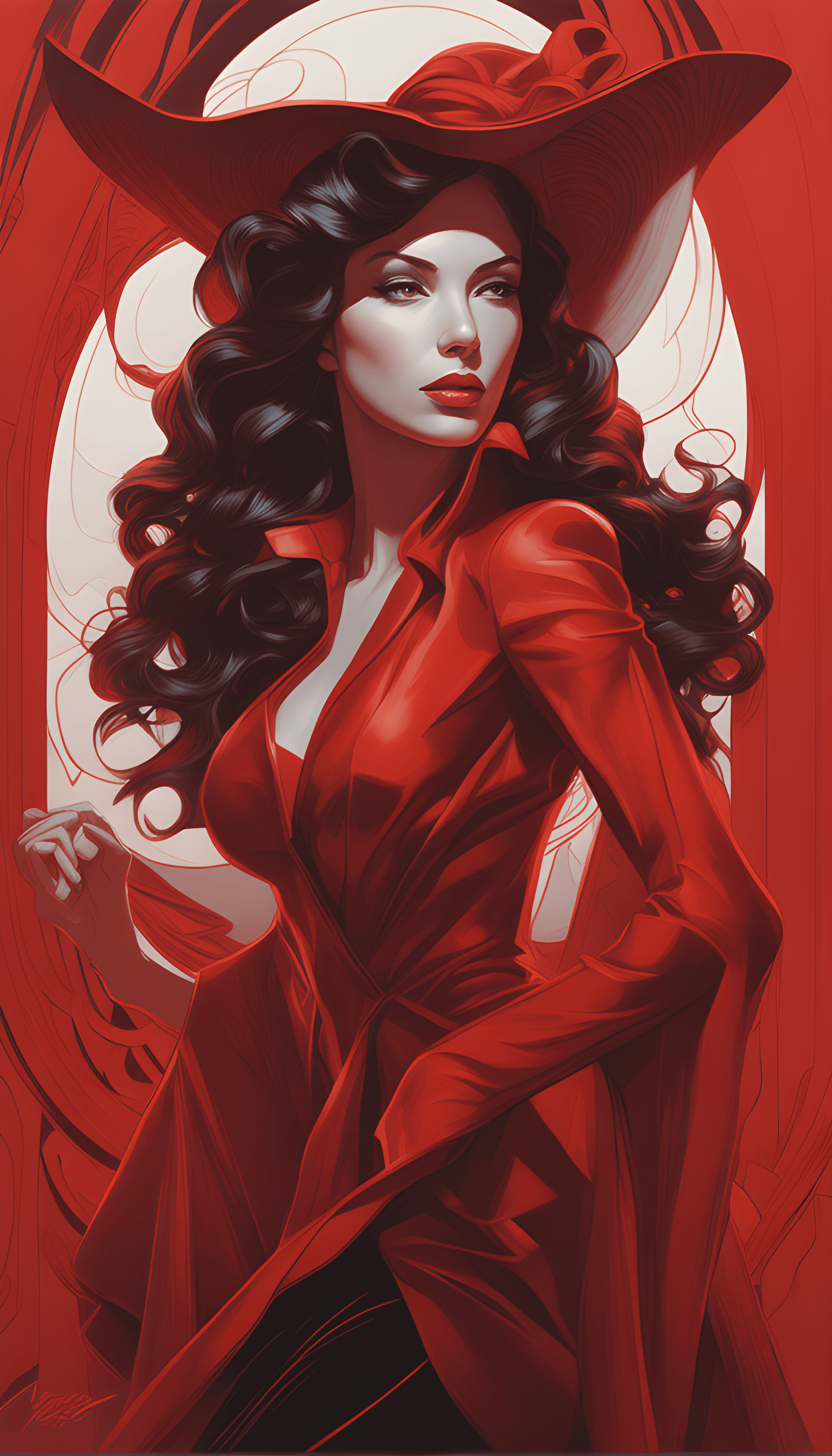 AI generated: a close up of a woman in a red dress and hat, martin ansin artwork portrait, martin ansin, charlie b...