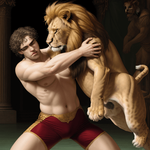 AI generated: renaissance man wrestling a lion