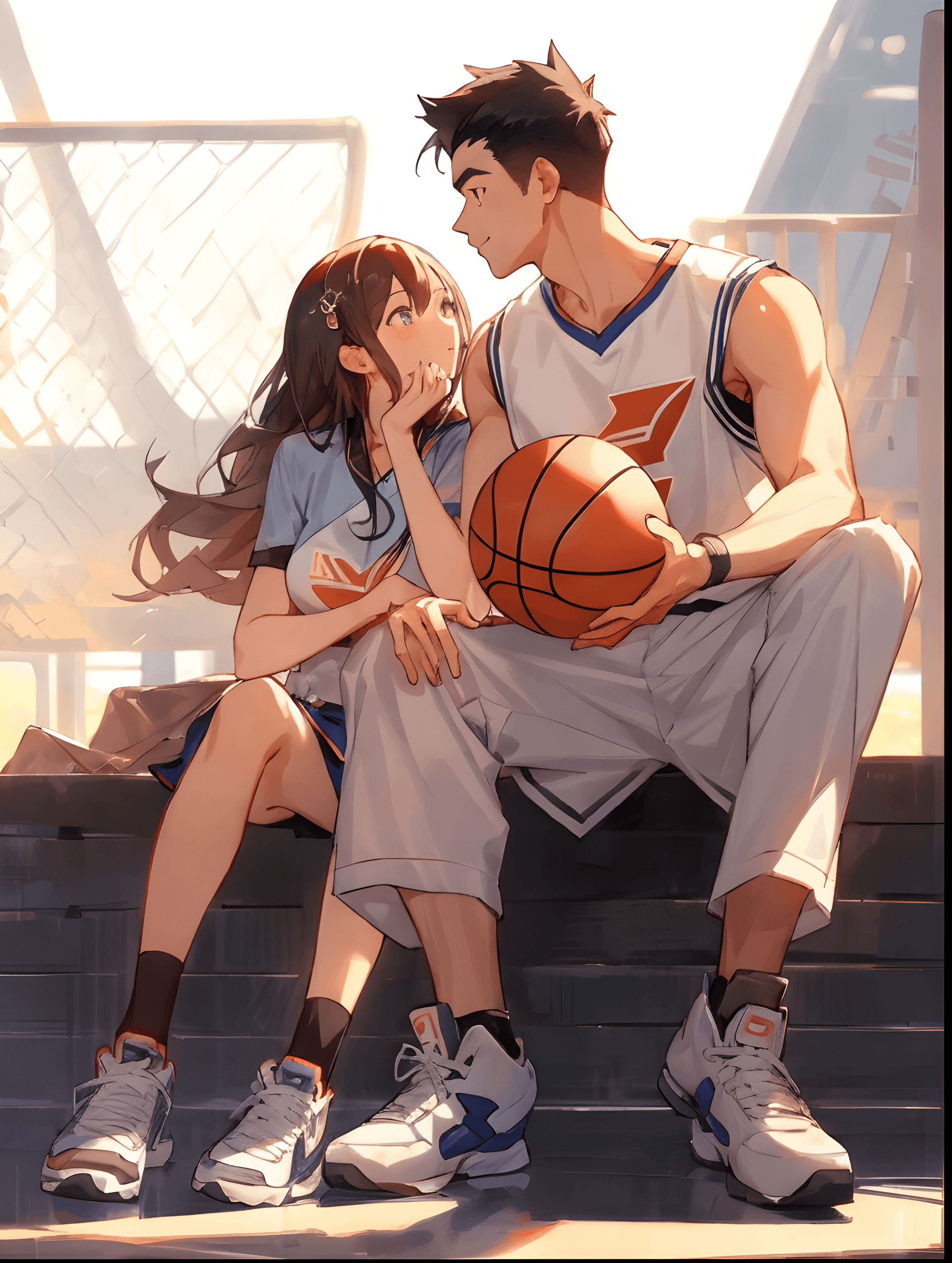AI generated: a man and a woman sitting next to each other holding a basketball, a picture, by Yang J, trending on...