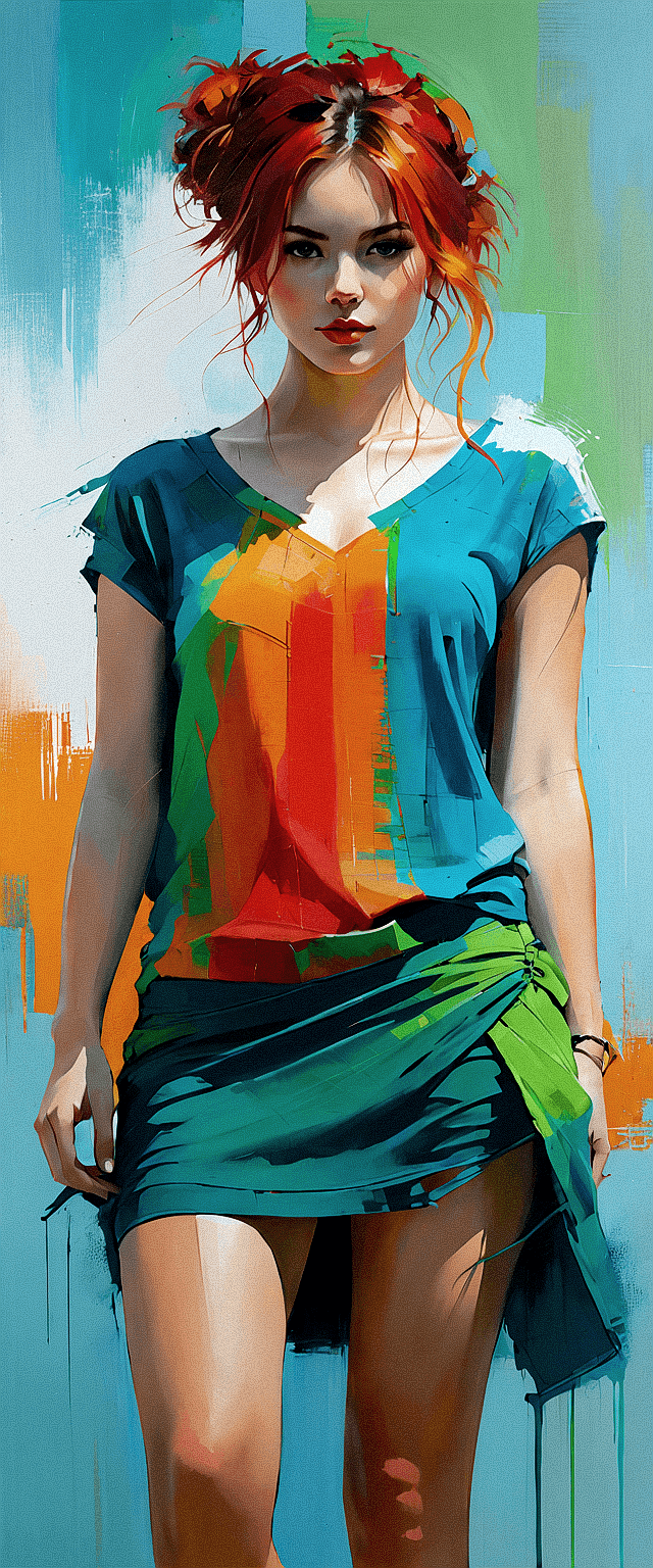 AI generated: The image features a painting of a woman with red hair, wearing a colorful shirt and green skirt. Sh...