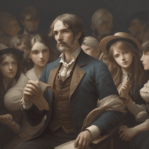 AI generated: a painting on canvas of a 1800s man with an scroll, surrounded by people, colorful tones, in the sty...