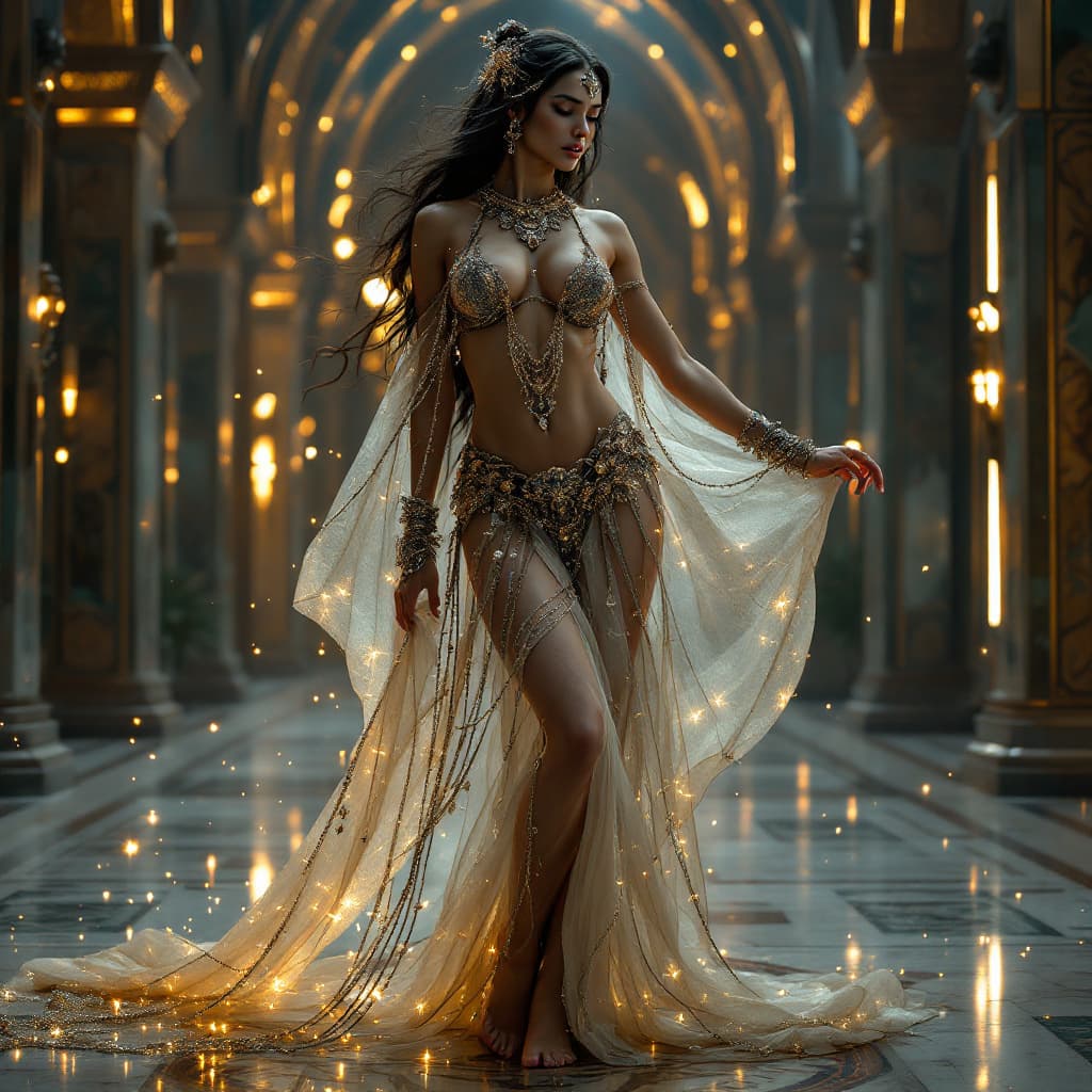 AI generated: a full-body view of a BLACK belly dancer woman depicted in the style of a 19th-century oil painting ...