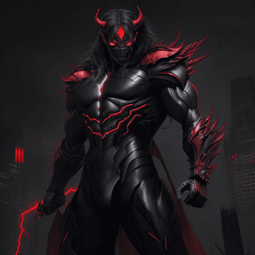 AI generated: powerfull (demonic creature:1.2), red tech googles, demon mask, androgynous male, strong pose, tech ...
