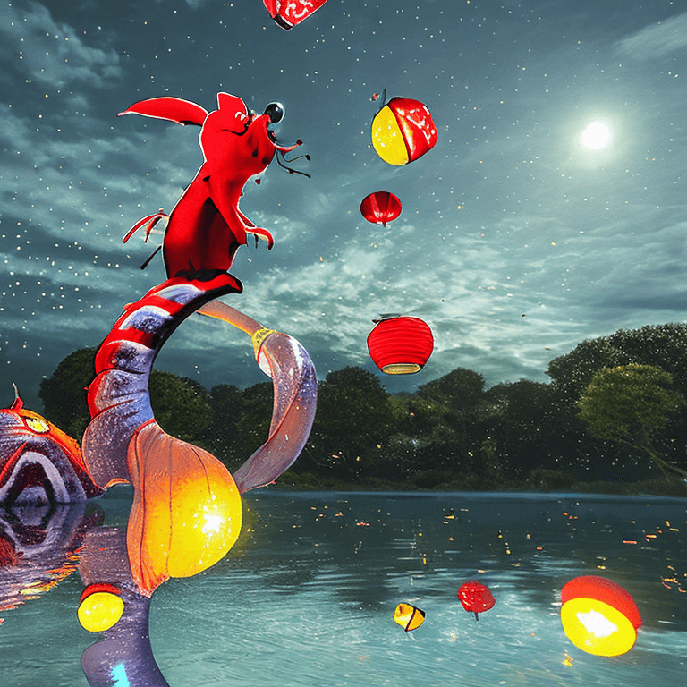 AI generated: school girl back riding her traditional red chinese dragon while flying mid-air, beautiful moonlit s...