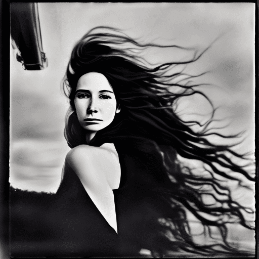 AI generated: a woman with long wild hair on a windy day, in the style of toy camera effects, haunting elegance, f...