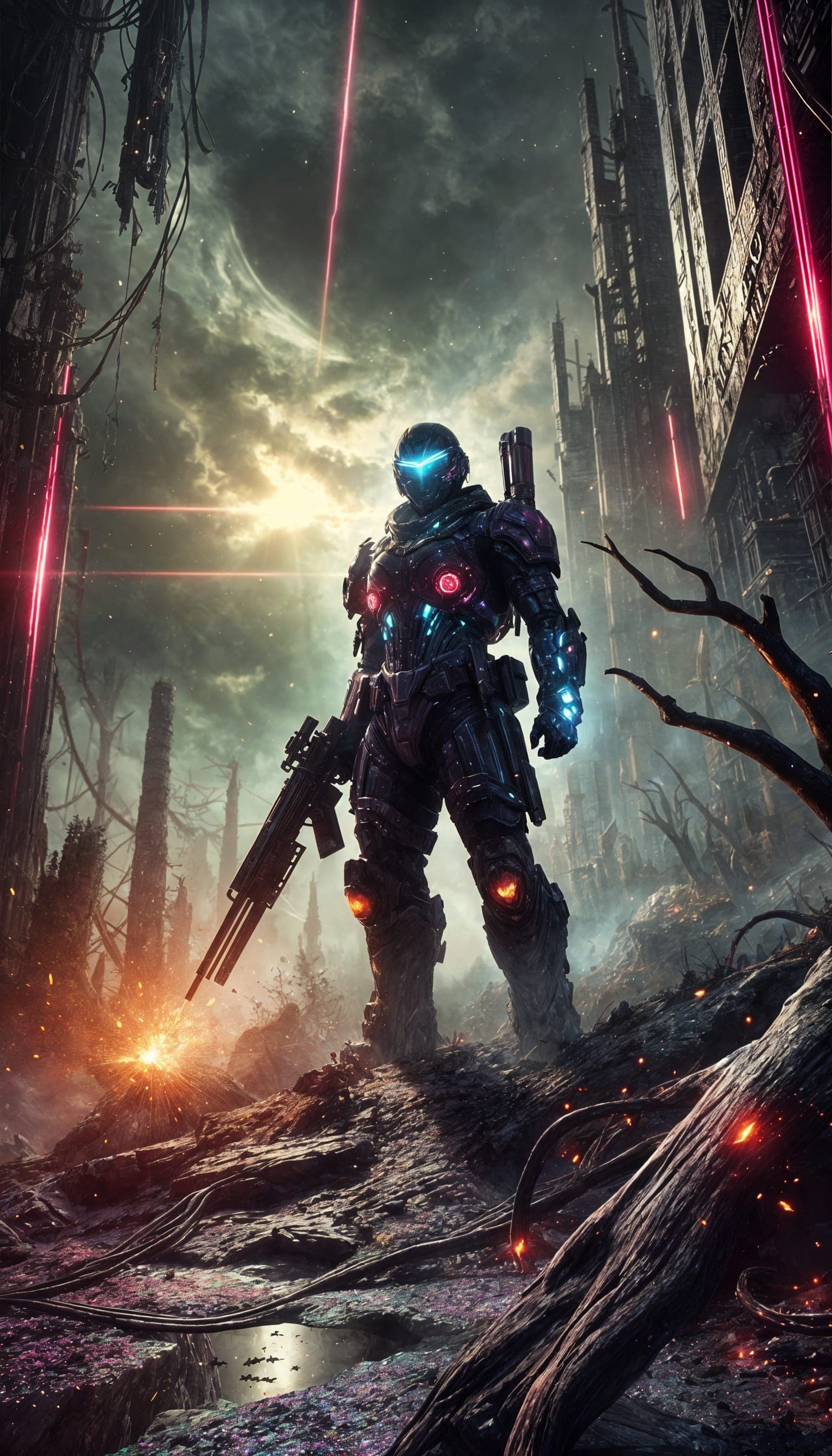 AI generated: A futuristic post-apocalyptic scene featuring a lone super-soldier seen from a dramatic low-angle pe...