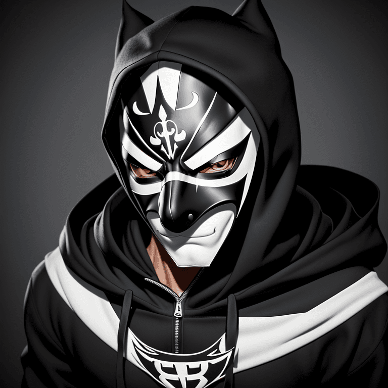 AI generated:  The image features a black and white stylized logo of a masked character. The mask has a hood and i...