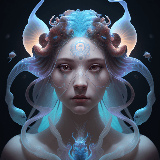 AI generated: Goddess close-up portrait ribcagel. jellyfish phoenix head, nautilus, orchid, skull, betta fish, bio...