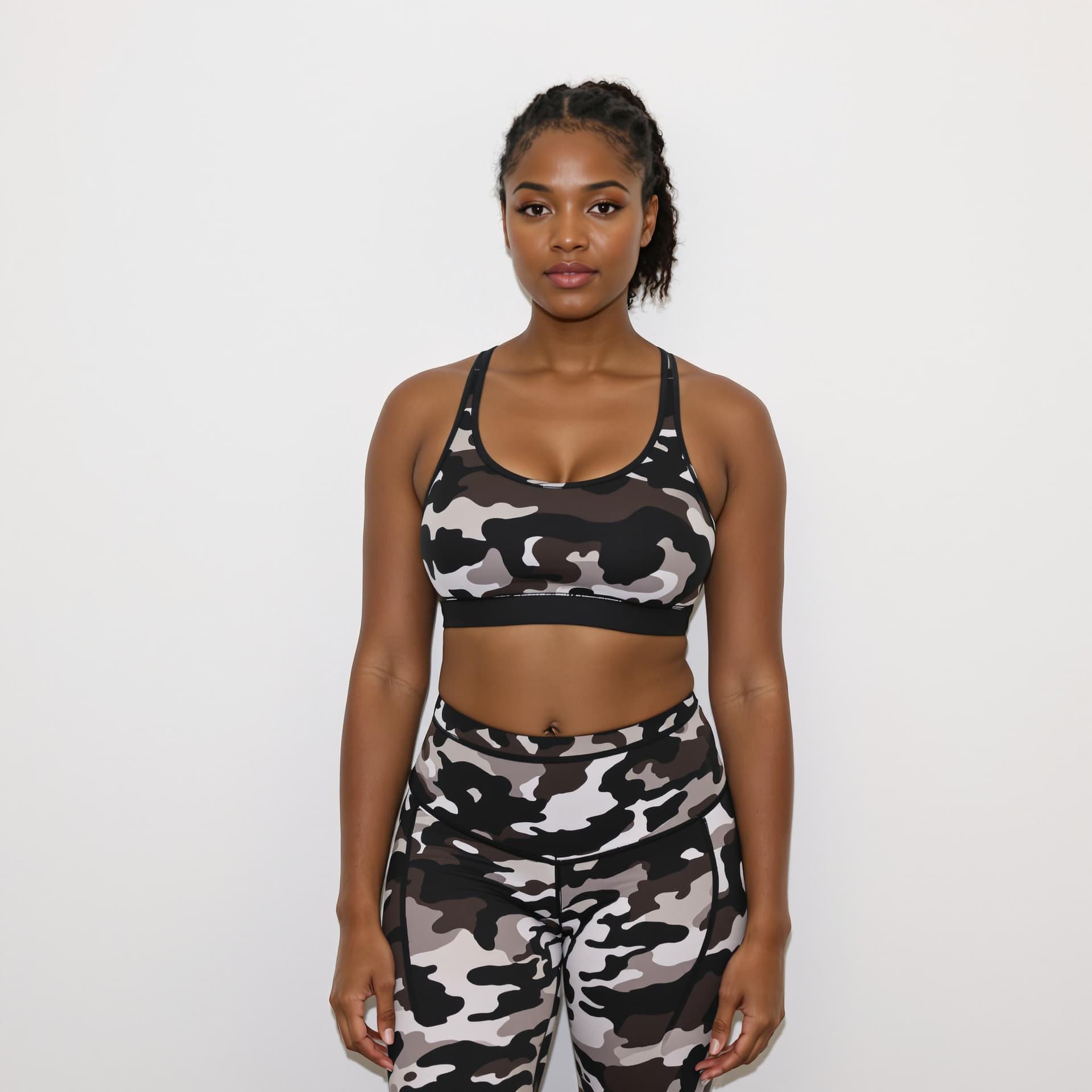 AI generated: a black woman wearing camo sports bra and matching leggings. The backdrop is white.