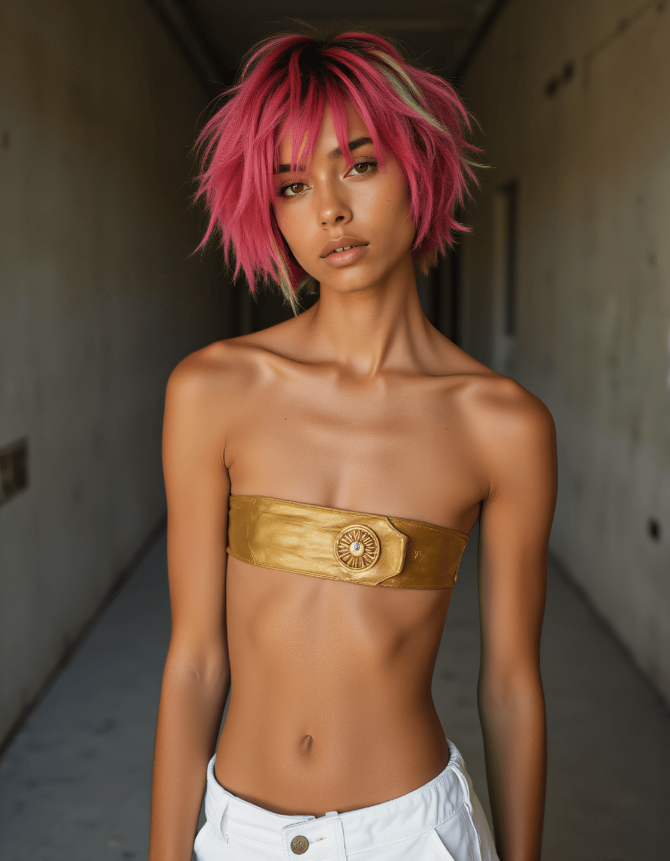 AI generated: Half Body Fantasy Fashion photo of a
24 year old Nahua-Norwegian female fierce martial artist
with...