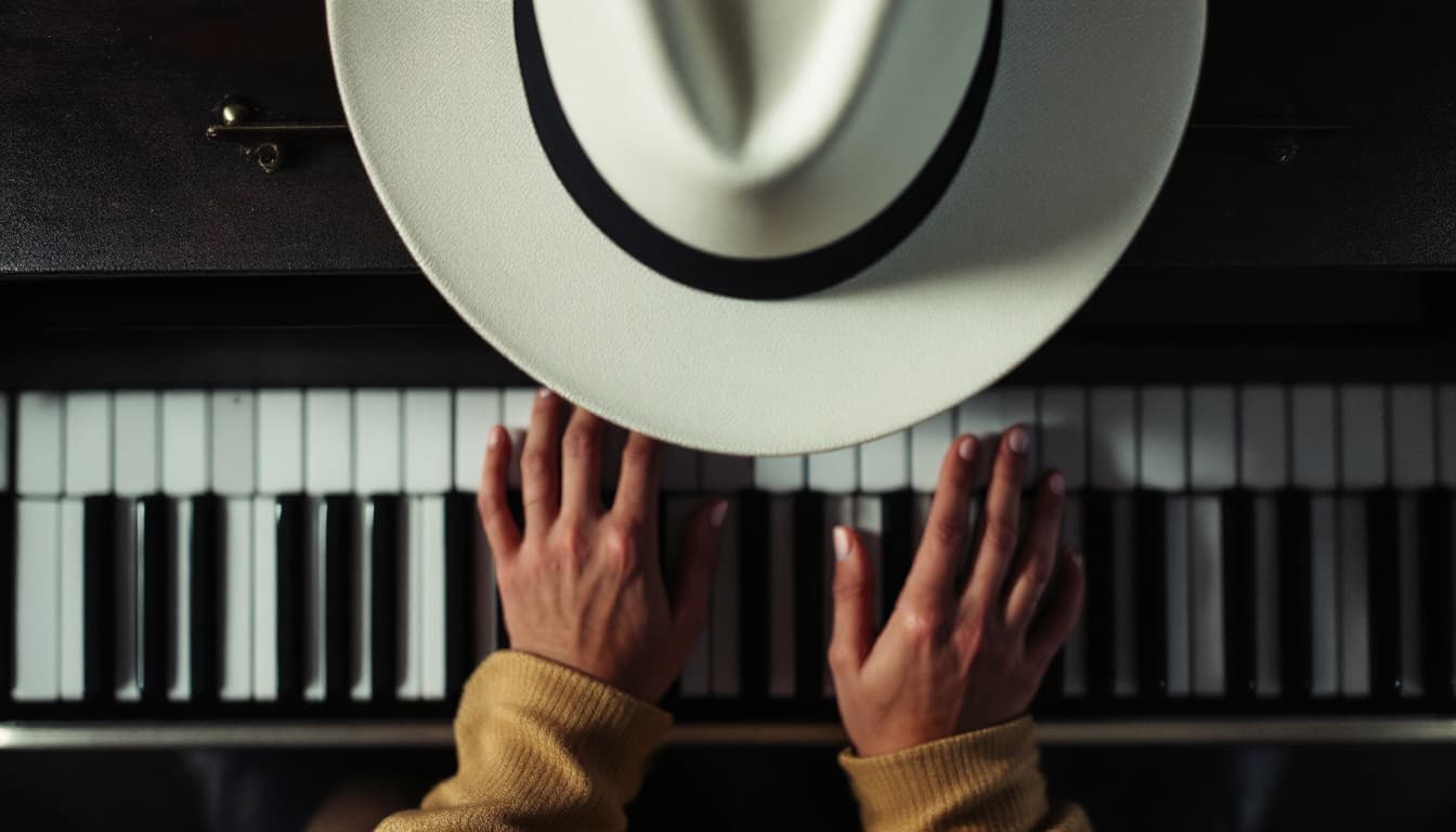 AI generated: portrait capturing the essence of a pianist with white hat from an overhead perspective. Focus on th...
