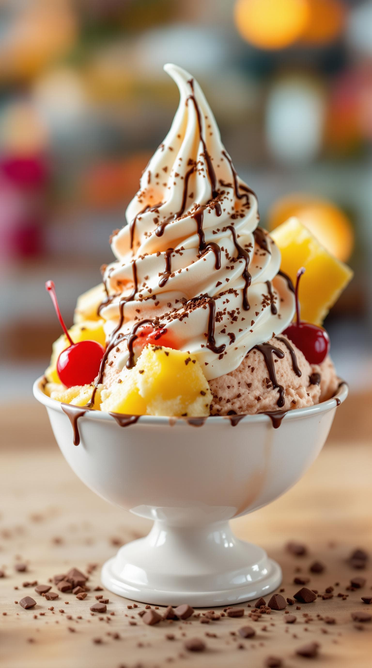 AI generated: bowl of delicious icecream, topped with cream, pineapple, cherries, sprinkeld with chocolate, hi glo...