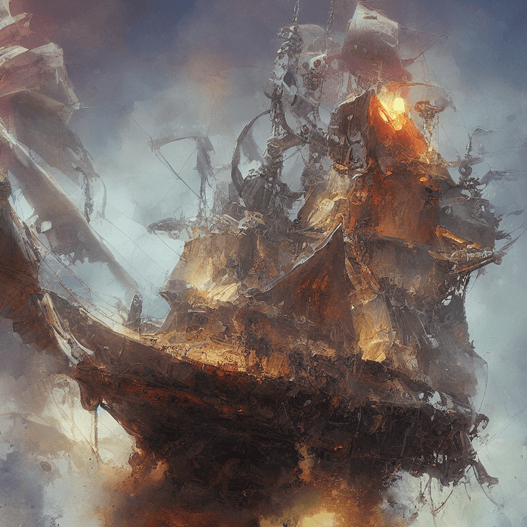 AI generated: oil painting with heavy impasto of a pirate ship and its captain, cosmic horror painting, elegant in...