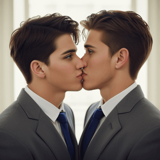 AI generated: two very handsome young men in love, they staring romantically into each other's eyes. 