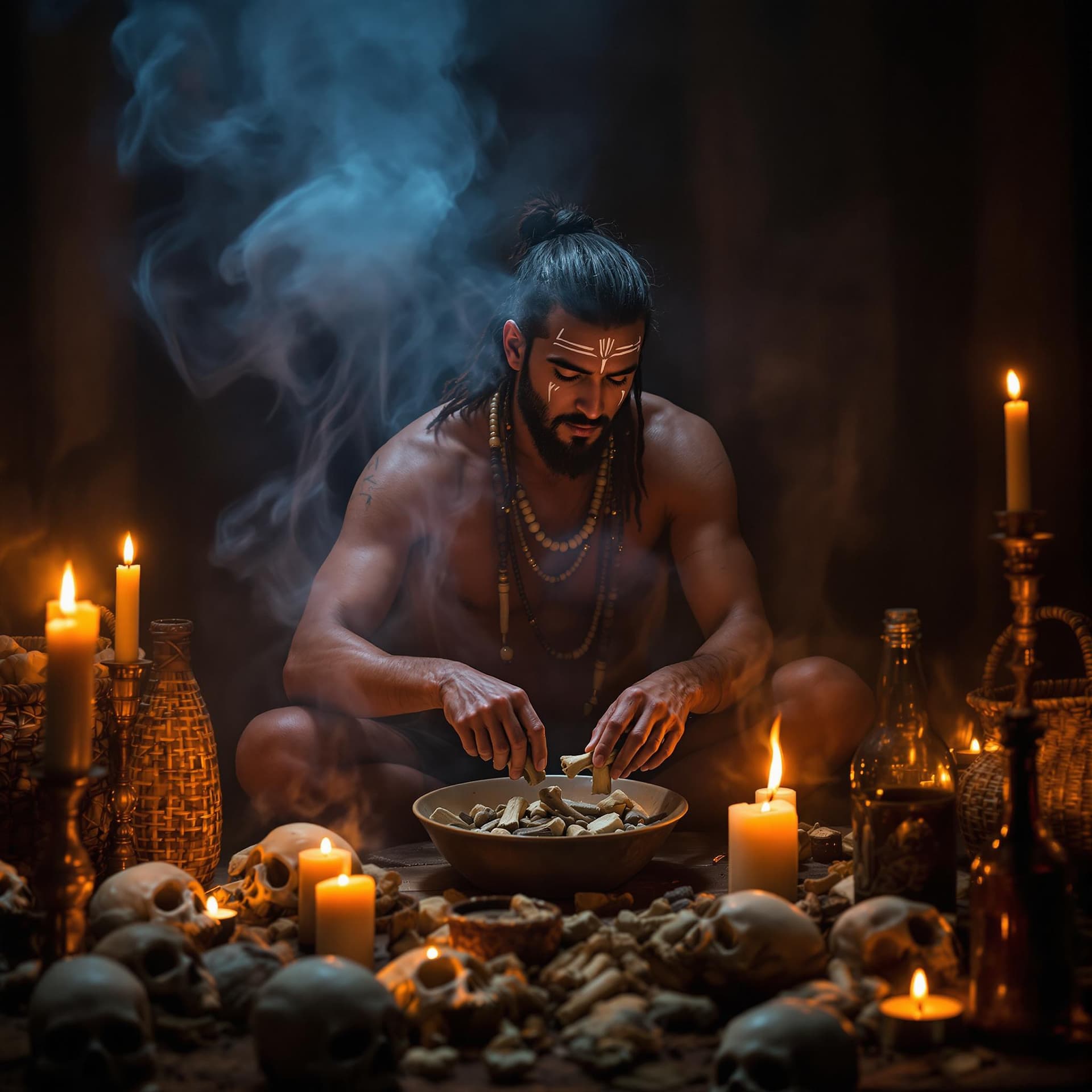 AI generated: The image portrays a man engaged in a ceremonial or ritualistic activity, surrounded by an array of ...