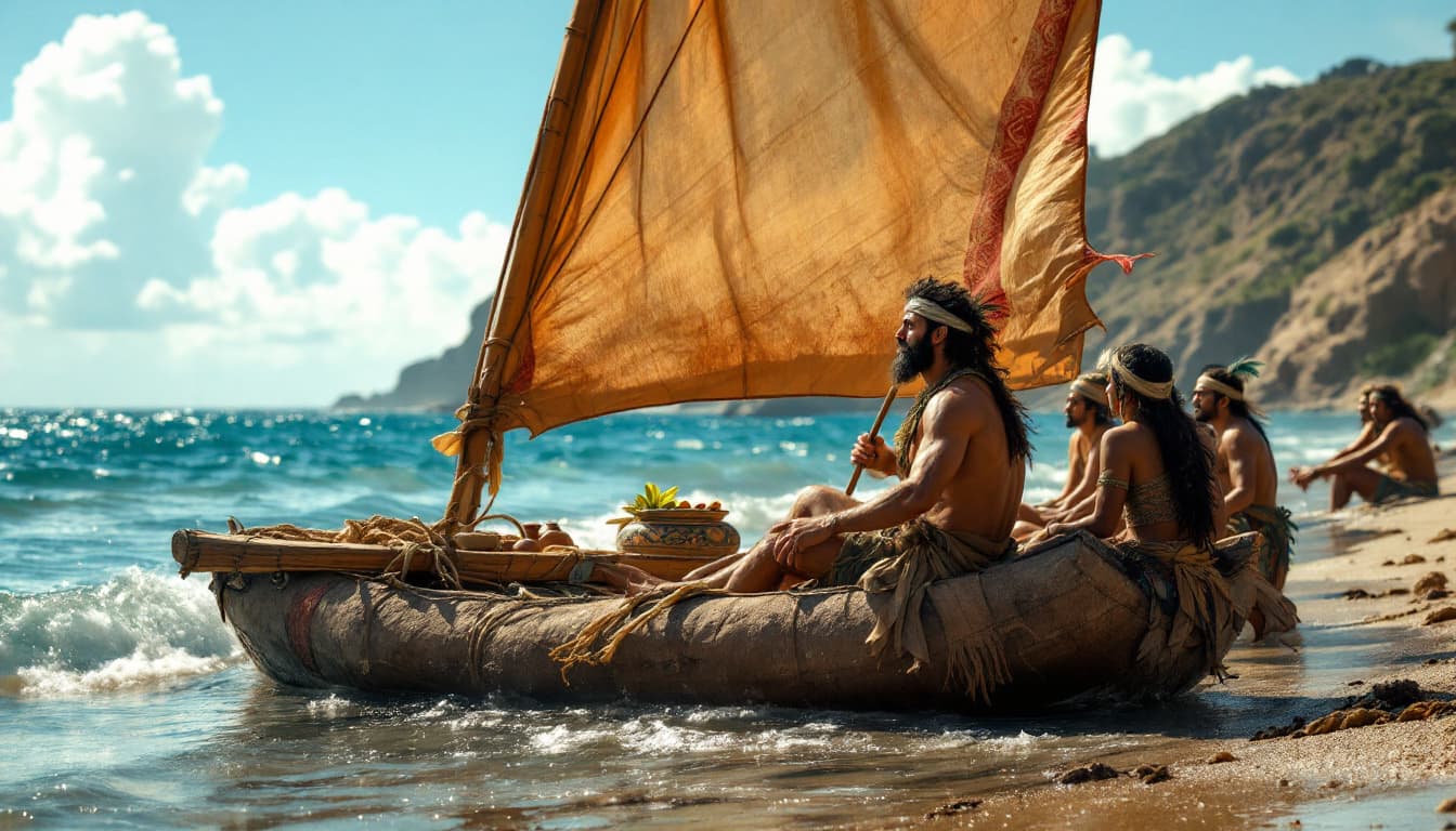 AI generated: Mythical man dressed in a short tunic arrives sailing on a raft with a sail to the shore of a beach ...