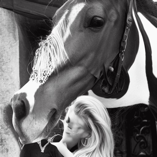 AI generated: a black and white photo of a woman leaning on a horse, luxury brand, sparkling dark jewelry, supermo...