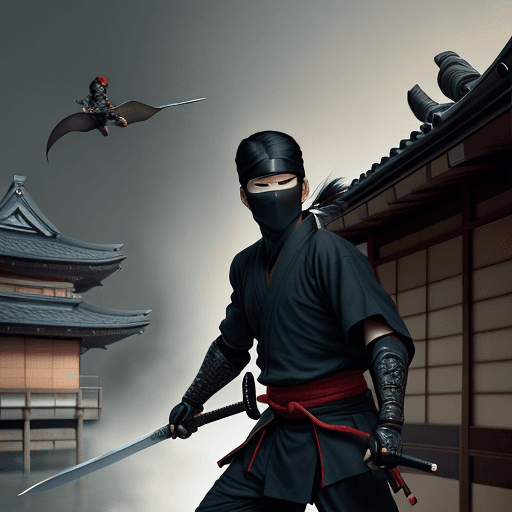 AI generated: ultra high-definition photo of a ninja with a sword drawn floating above the rooftops in ancient Jap...
