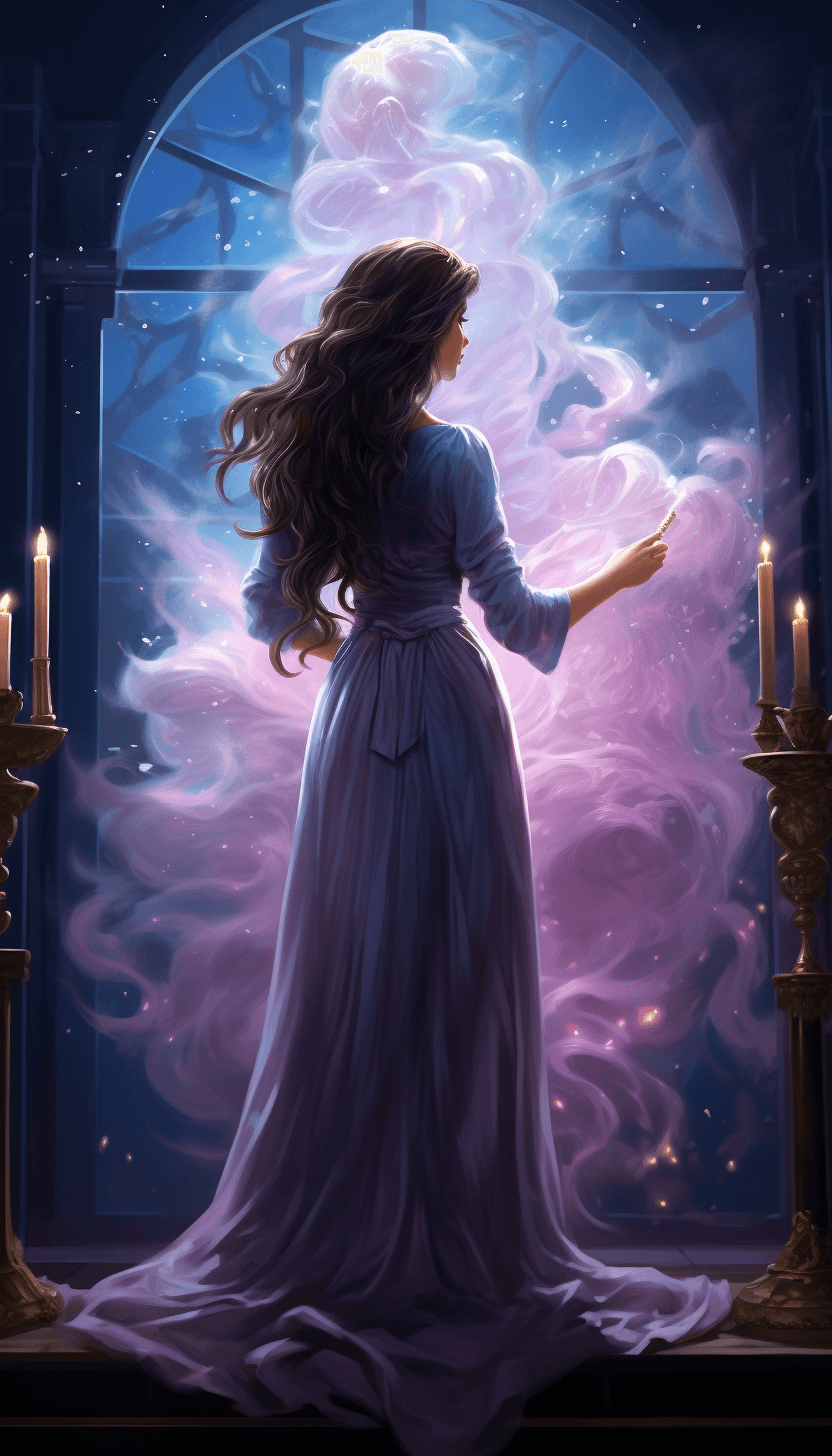 AI generated: A woman with long hair is standing on a nightstand and looking up at a stuffed animal, in the style ...