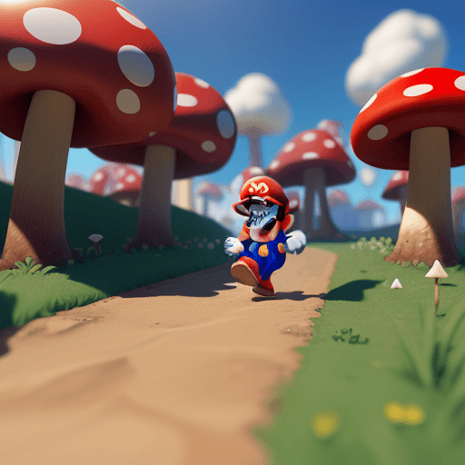 AI generated: Super-Mario running, Mushroom Kingdom background is white, 8k, closeup, trending on polycount 3D, ga...