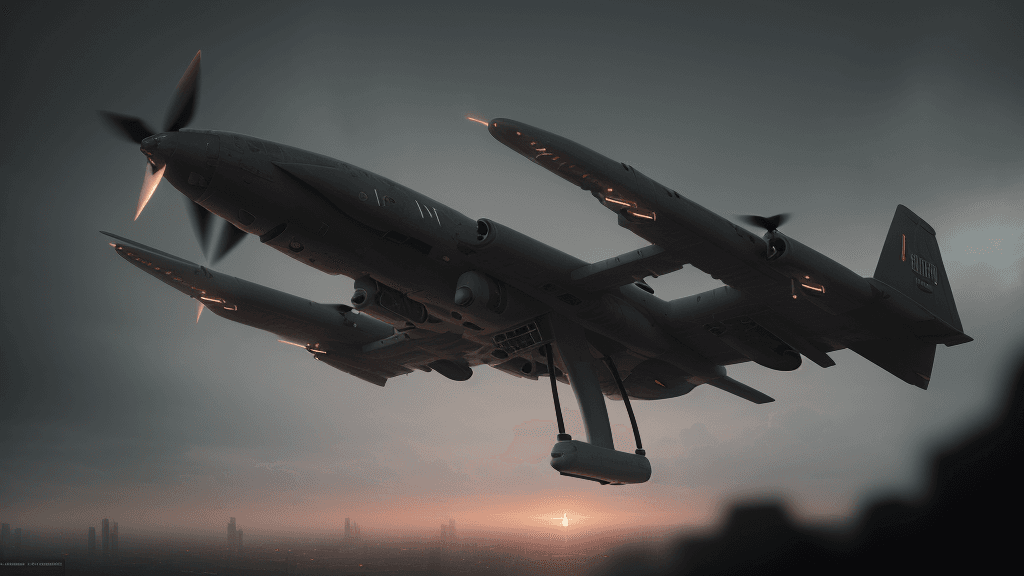 AI generated: Photo of a ultra realistic bomber drone, tense light, pale sunrise, cinematic lighting, battered, Go...