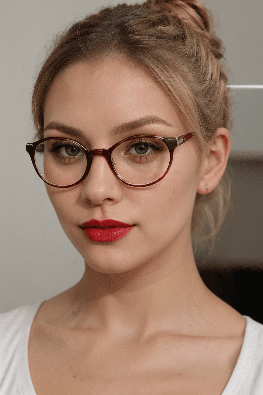 AI generated: beautiful girl, fit, blonde, bun, glasses, red lipstick, makeup, ((close up))