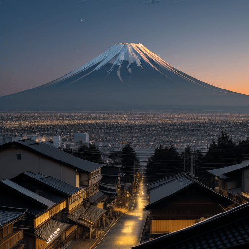 AI generated: Nightscape, dusk, and life in a town at the foot of Mt. Fuji in Shizuoka, JapanHigh-resolution Canon...