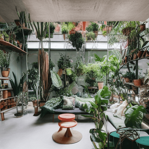 AI generated: Bohemian interior design is relaxed and inspired by nature, concrete and green house atmosphere 
Hig...