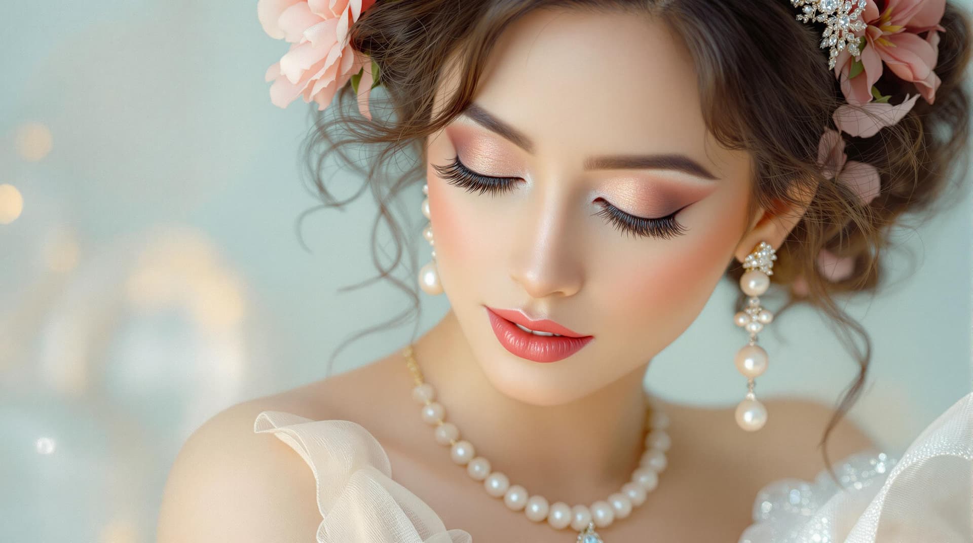 AI generated: A radiant woman exudes elegance with her soft, romantic features highlighted by delicate makeup, emp...