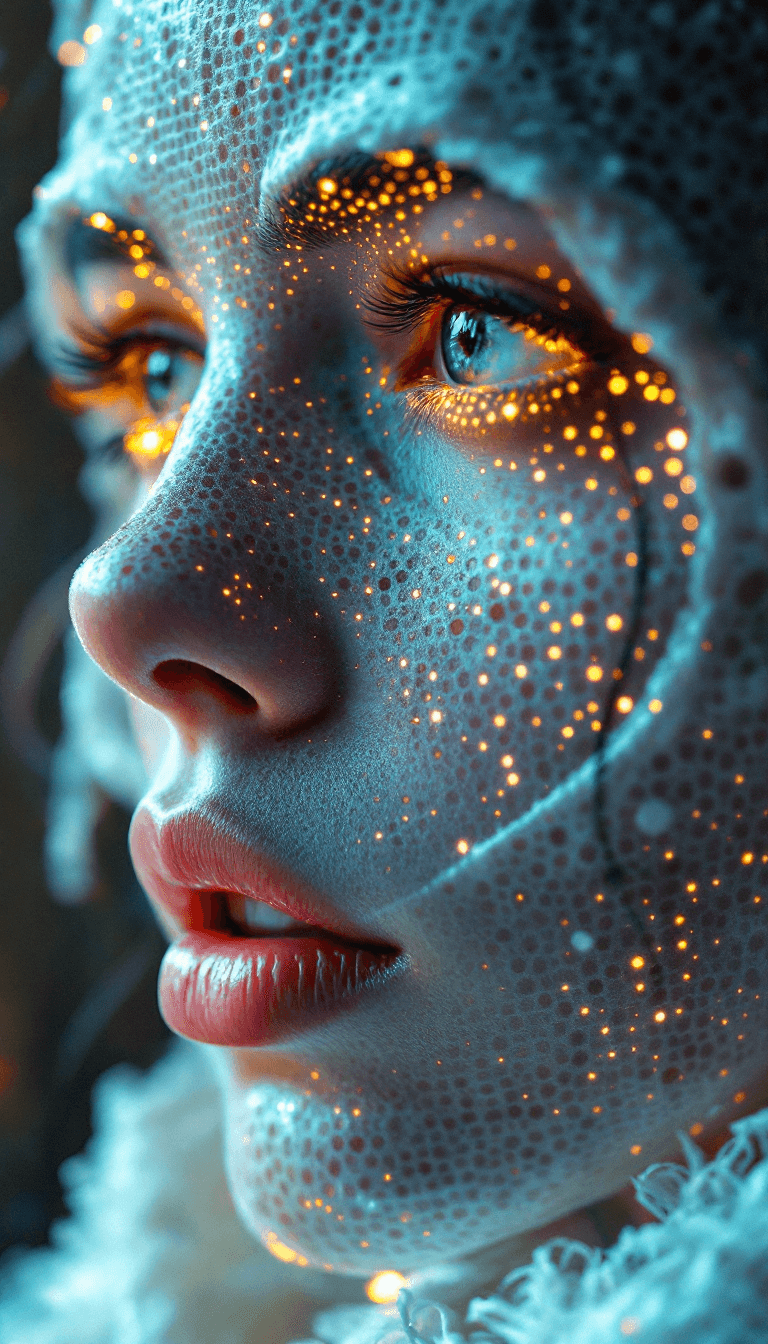 AI generated: close up macro shot, perforated holes in face, white cloth made from fiberoptic cables, depth of fie...