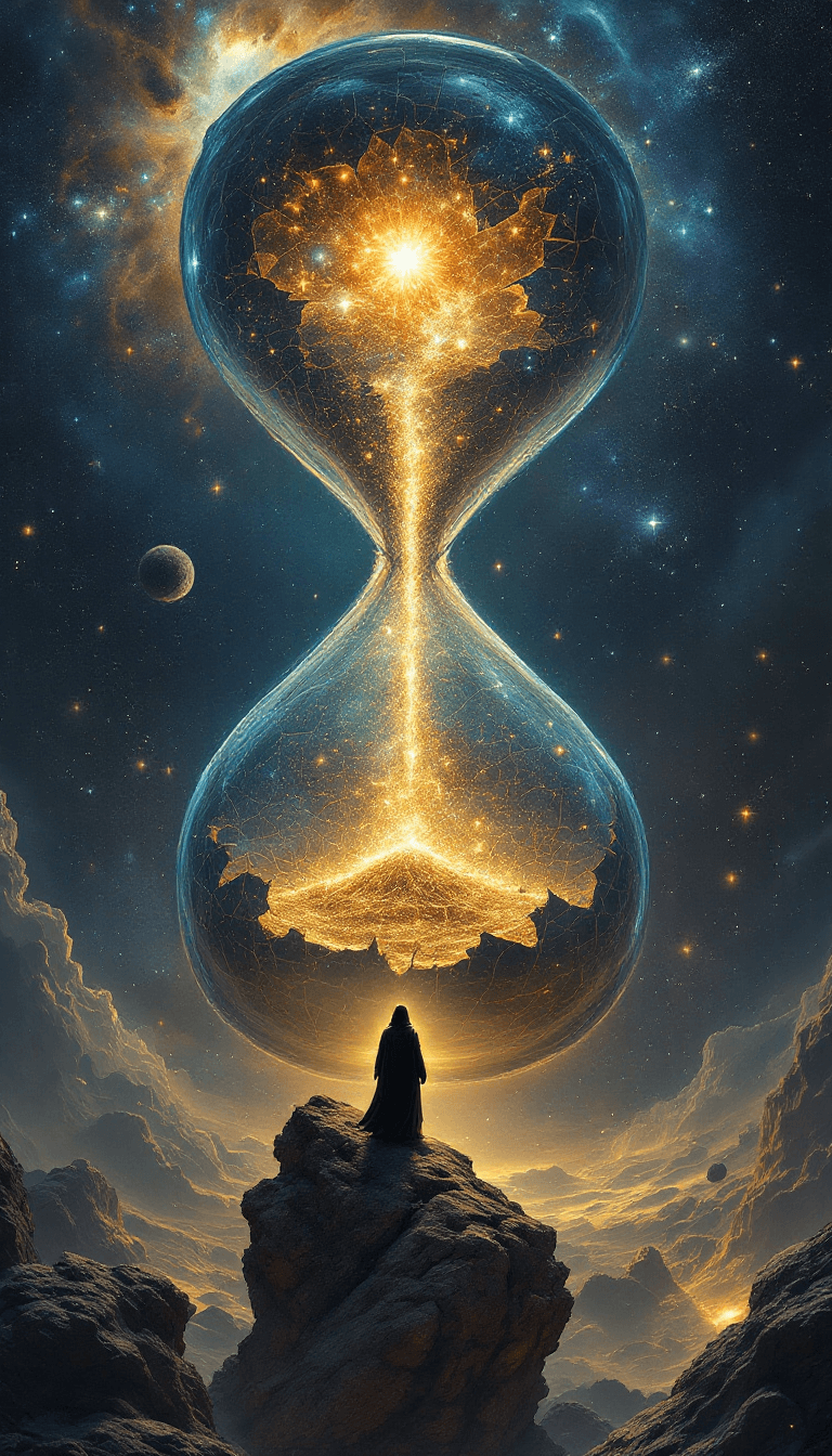 AI generated: A **massive, ancient hourglass** floats in the heart of a **vast cosmic void**, its **cracked glass ...