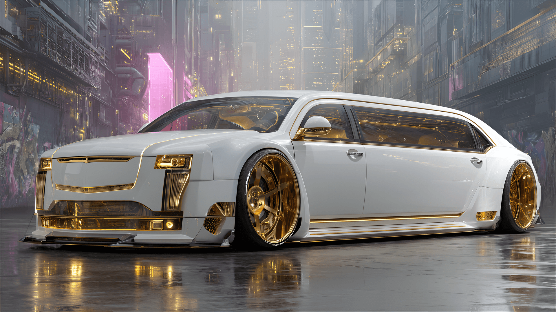 AI generated: A custom white limousine, heavily modified with gold accents,  detailed,  futuristic,  low-slung,  e...