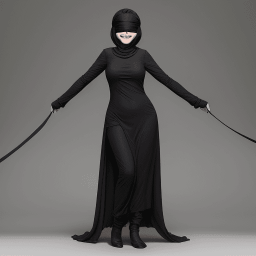 AI generated: woman in tunic, black, blindfolded, smiling with her tongue out, full body