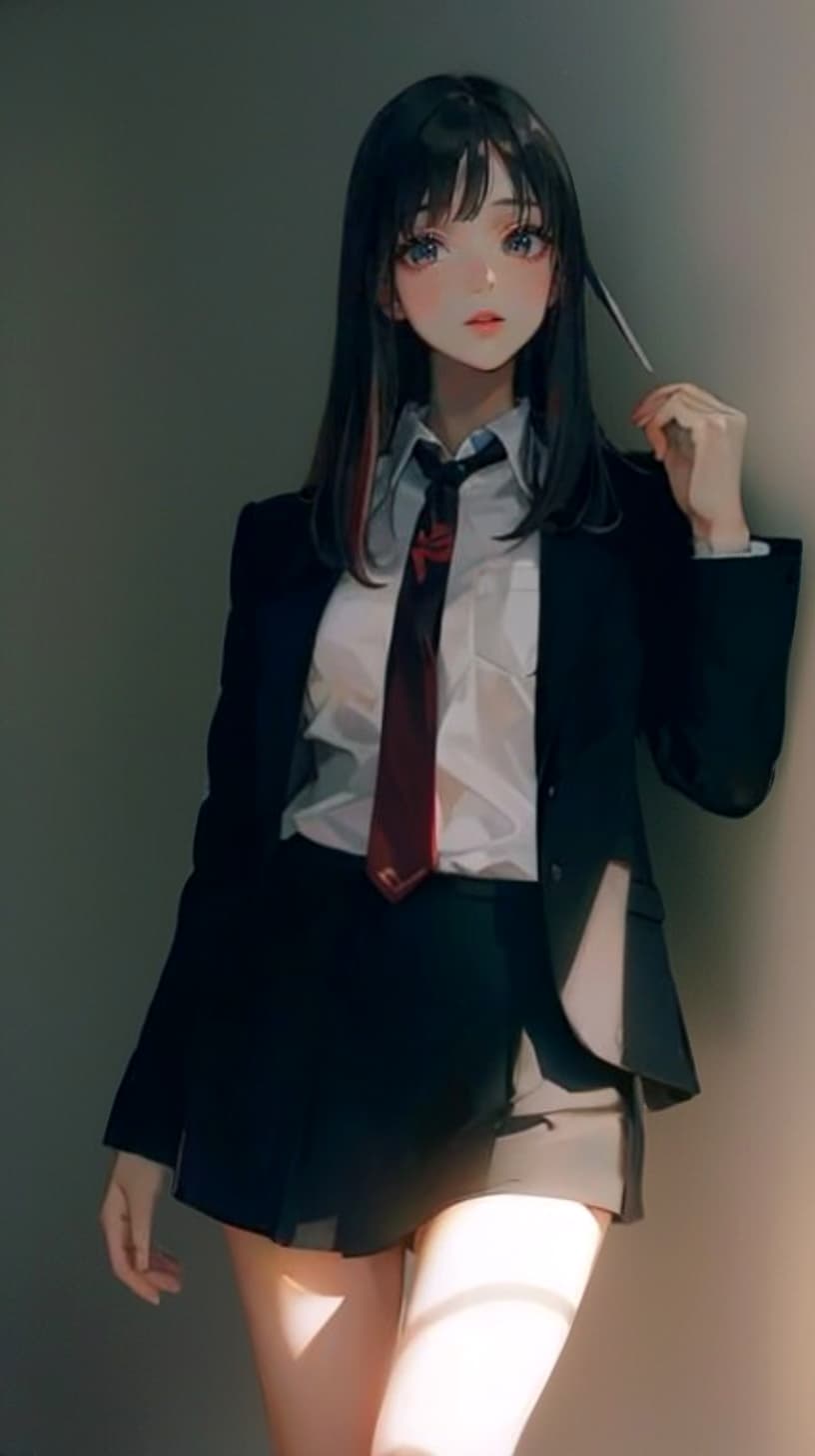AI generated: Cute female student wearing a black blazer, white top, and red necktie, black micro mini skirt, indo...