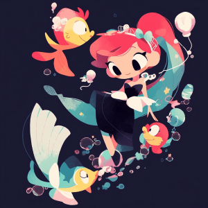 AI generated: Cute vector, mermaid-inspired character from Pixar, swimming with bubbles shaded, Ilya Kuvshinov, Ra...
