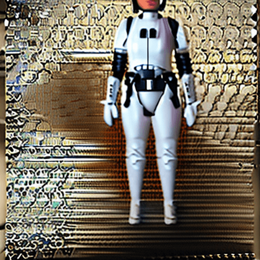 AI generated: female dressed as storm trooper, blonde hair, starship background, (((full body visible))), looking ...