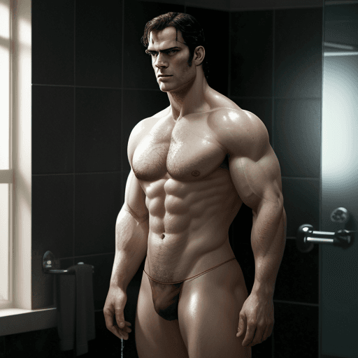 AI generated: henry cavill with gigantic muscles, wearing nothing, full body, looking at camera, shower background...